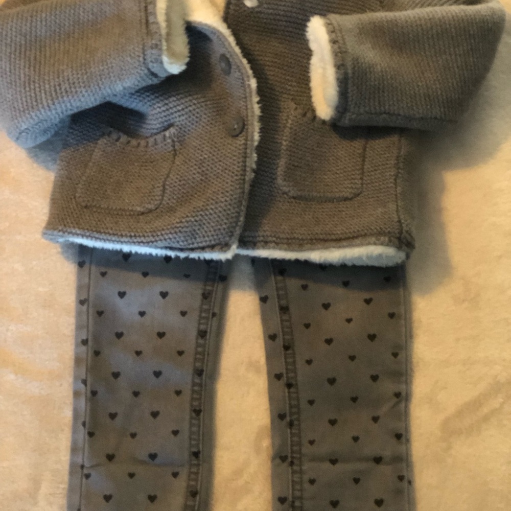 24 Month Carters Gray Sweater Jacket w/Soft White Lining. Gray Jeans w/hearts